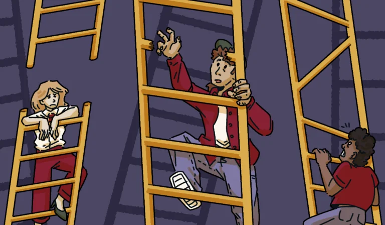 Illustratie die jeugdwerkloosheid symboliseert met behulp van een tekening van gebroken ladders.